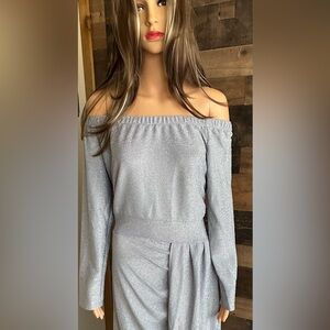 Daring Silver/Gray Sparkly Front Slit Dress